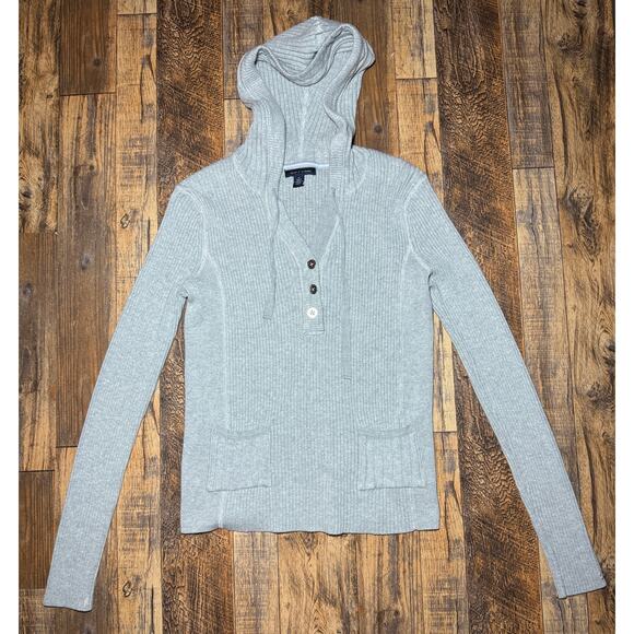 Sz M Tommy Hilfiger Gray Ribbed Knit Hoodie Casual Pullover - Picture 1 of 4
